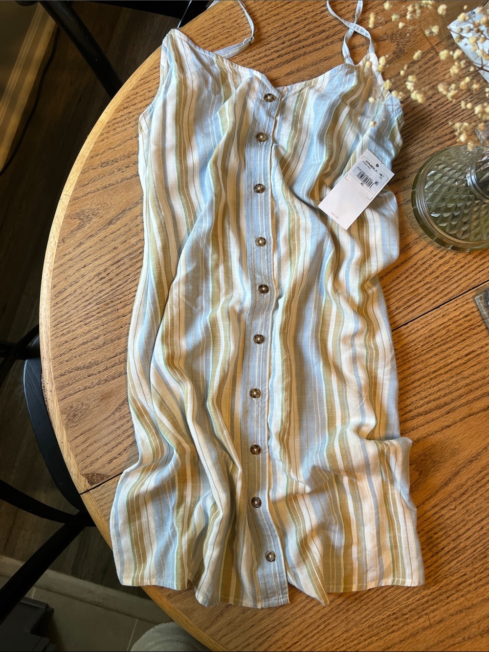 NWT O'Neill Cream, Tan & Light Blue Striped Button-Front Mini Dress